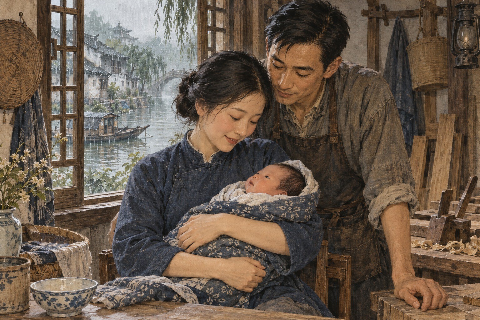 雨夜过后,母亲抱着刚来到世上的守川。