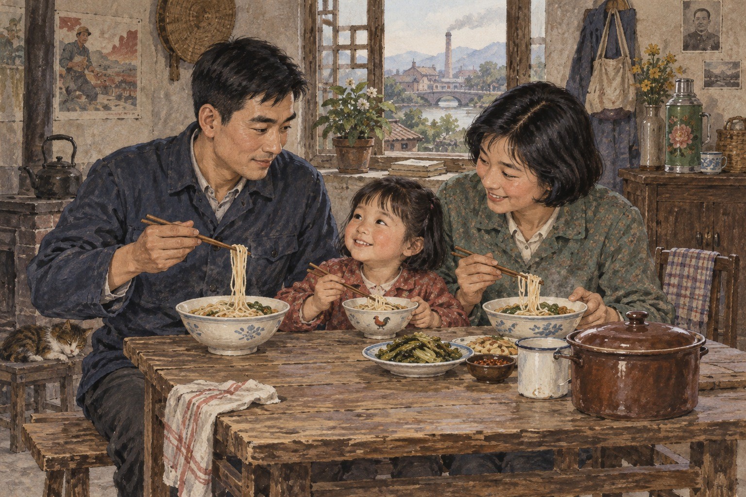 一张亲手做的餐桌,慢慢有了三个人的生活。