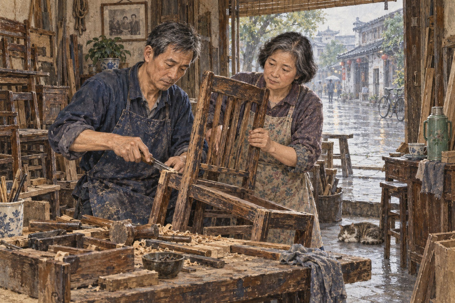 旧椅子仍可修补,夫妻一起寻找新的生活办法。
