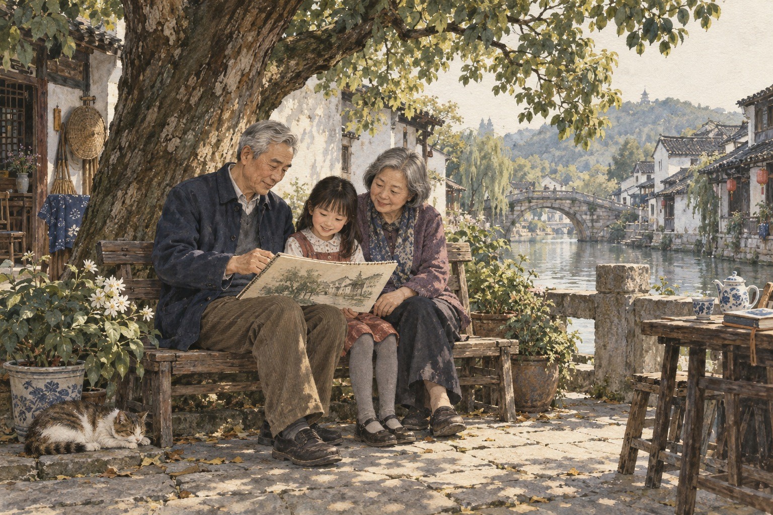 樟树下的午后,外孙女把时光画进本子。
